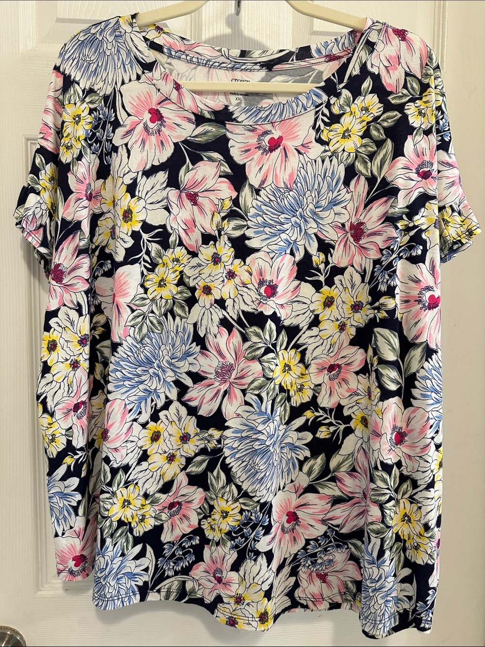 crown & ivy Navy Floral Ruffle Short-Sleeve Tee with Pink, Blue & Yellow Flowers
